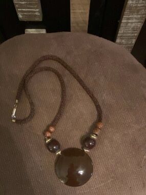 Vintage 1970s Boho 29.5" Long Brown Medallion Pendant Necklace